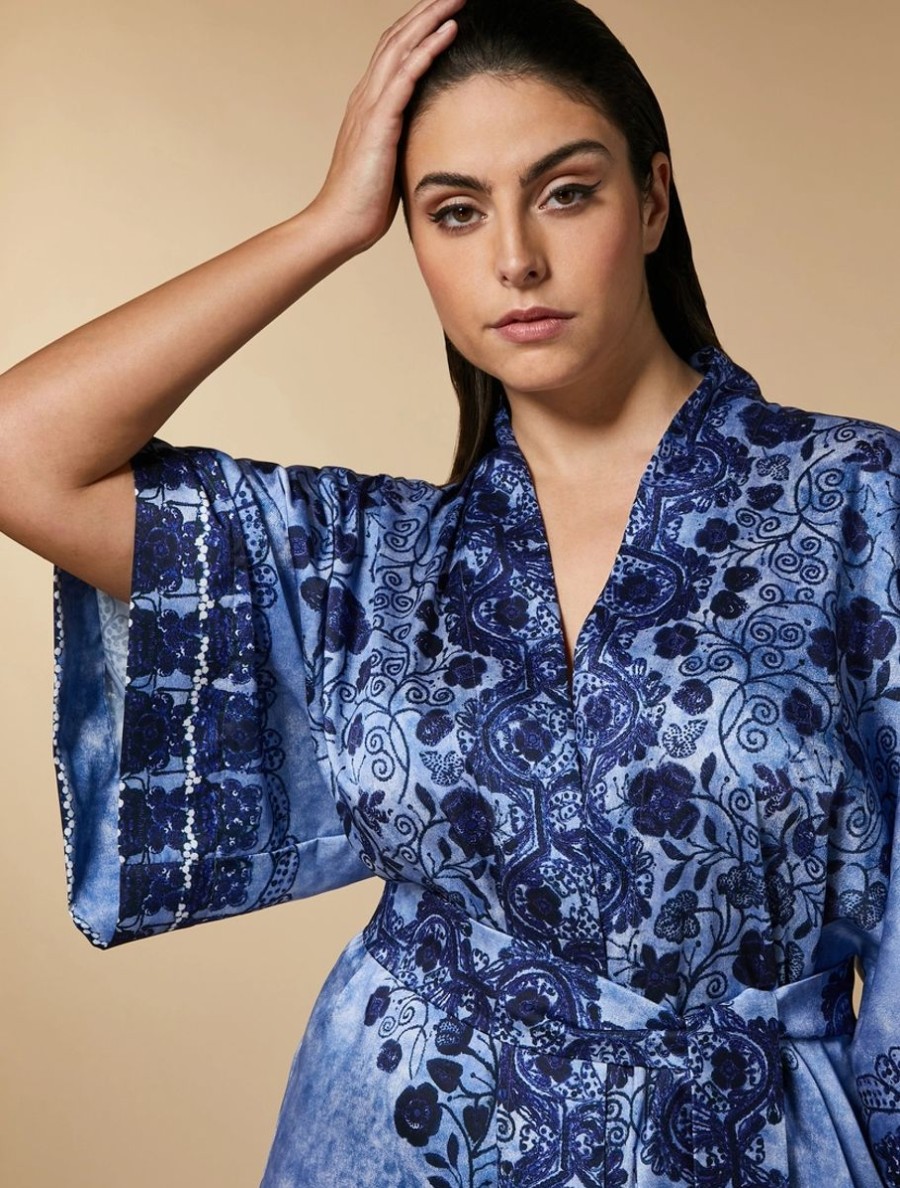 Abbigliamento Marina Rinaldi | Tunica Stile Kimono In Twill Stampato Blu Cina