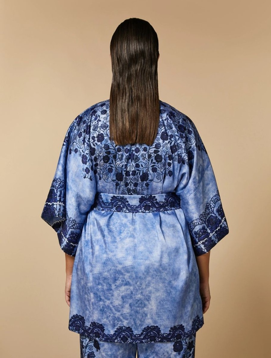 Abbigliamento Marina Rinaldi | Tunica Stile Kimono In Twill Stampato Blu Cina