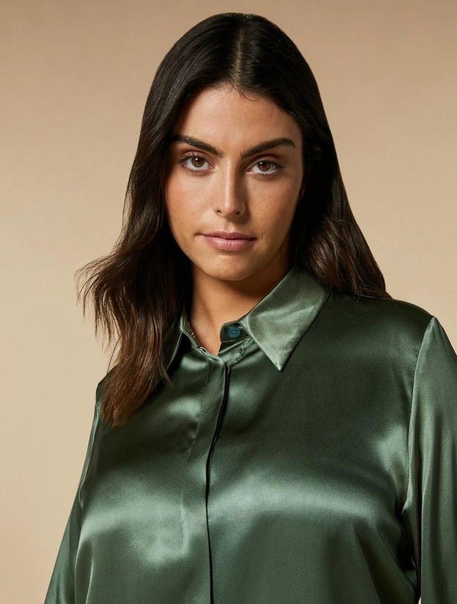 Abbigliamento Marina Rinaldi | Camicia In Raso Di Seta Verde Oliva