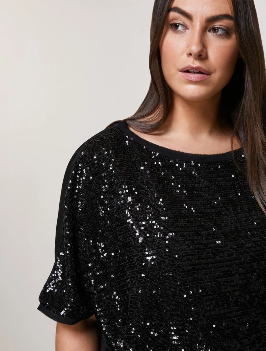 Abbigliamento Marina Rinaldi | Blusa In Crepe Envers Satin Decorata Con Paillettes Nero