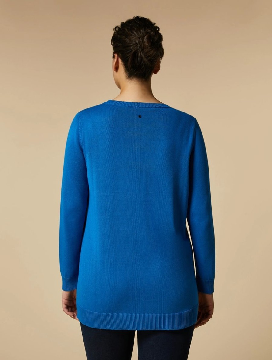 Abbigliamento Marina Rinaldi | Maglia In Cotone Lavorato A Maglia Jacquard Blu Fiordaliso