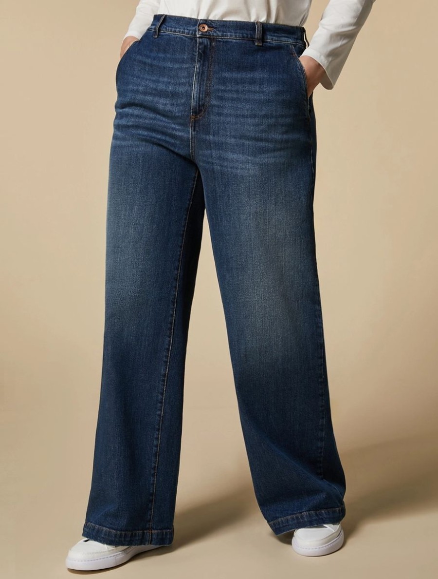 Abbigliamento Marina Rinaldi | Jeans A Gamba Larga In Denim Stretch Blu Notte