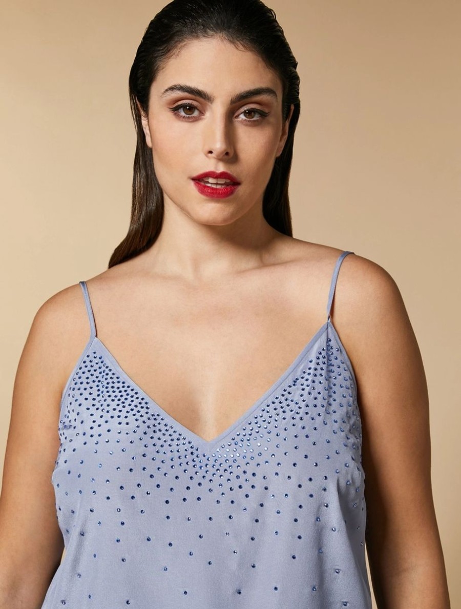 Abbigliamento Marina Rinaldi | Top In Crepe De Chine Decorato Con Strass Sci Blu