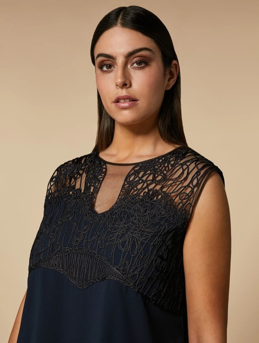 Abbigliamento Marina Rinaldi | Abito In Crepe Ricamato Blu Notte